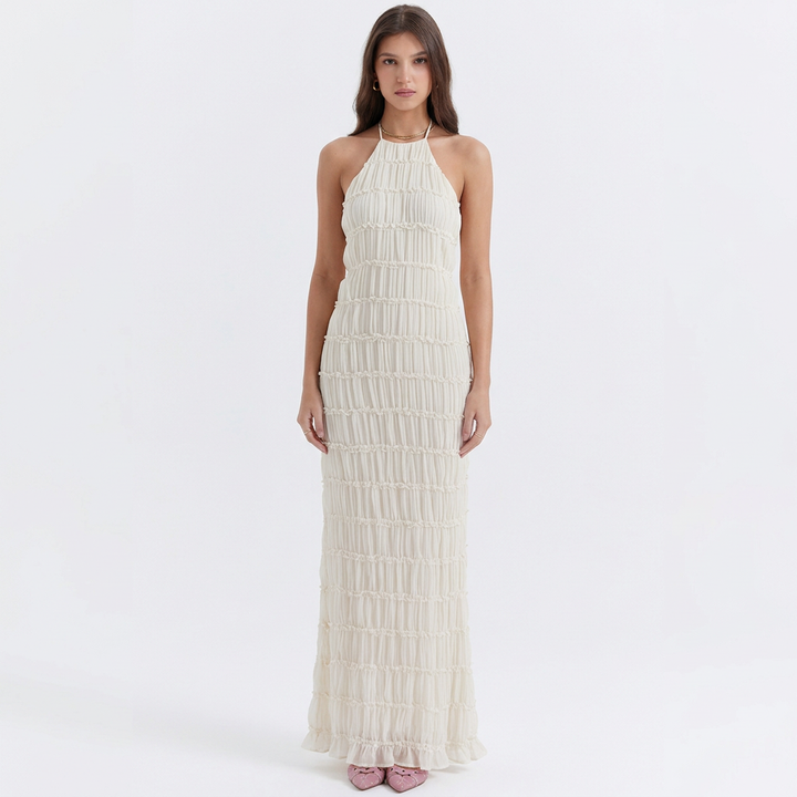 Sonja | Textured Pleated Halter Neck Maxi Dress