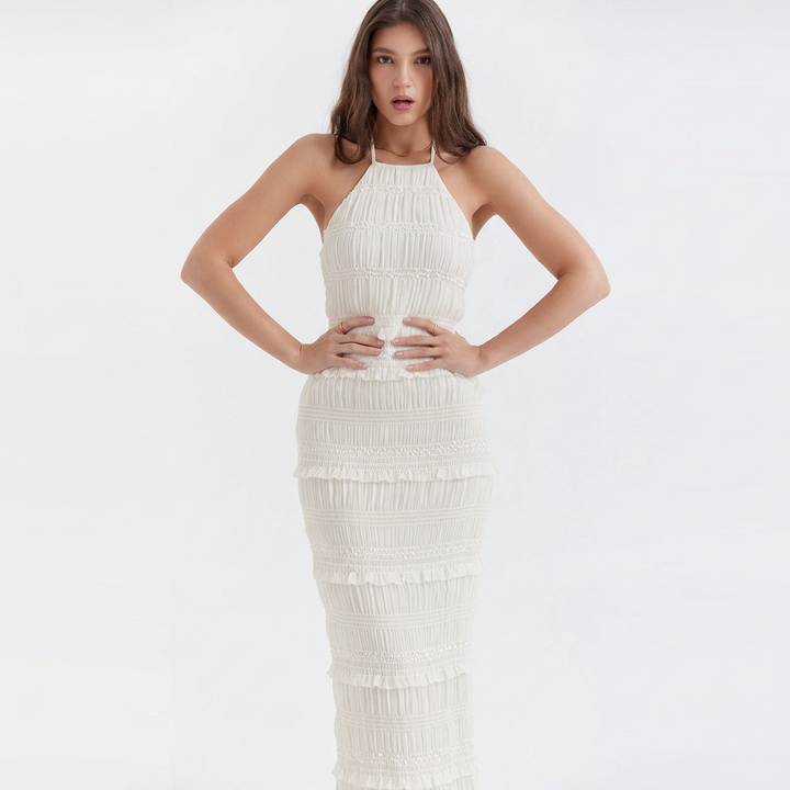 Sonja | Textured Pleated Halter Neck Maxi Dress