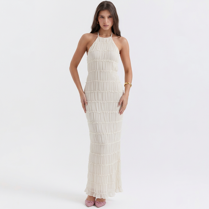 Sonja | Textured Pleated Halter Neck Maxi Dress