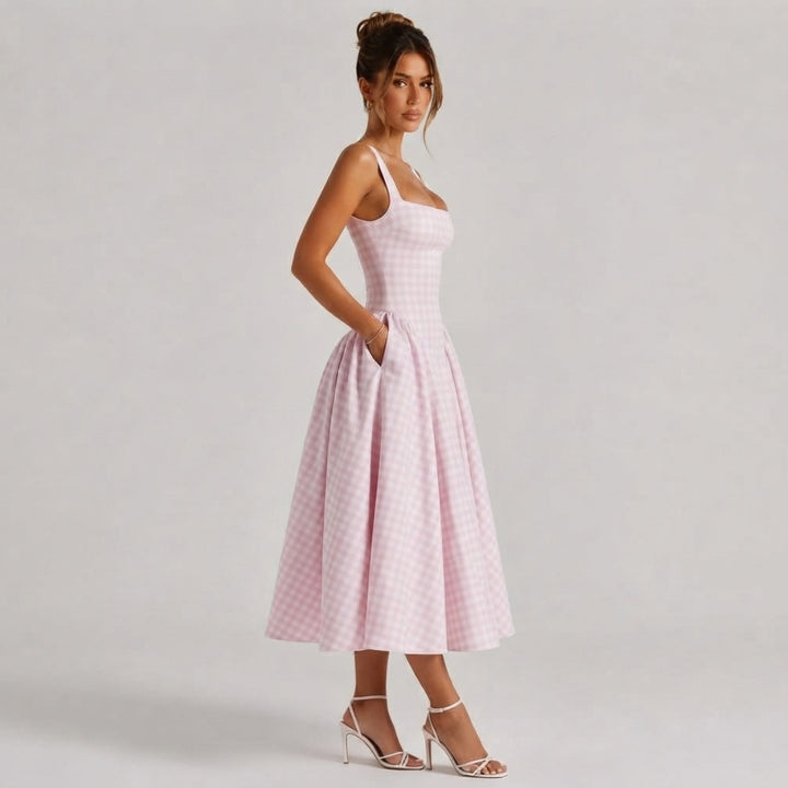 Verity | Sculpted Waist Full Skirt Gingham Midi Dress