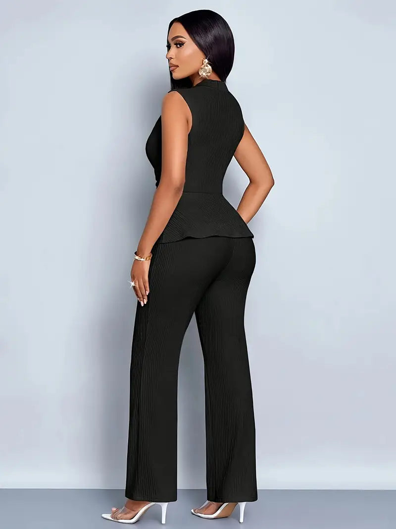 Clovaine | V-Neck Peplum Top &amp; Wide Leg Pants Set