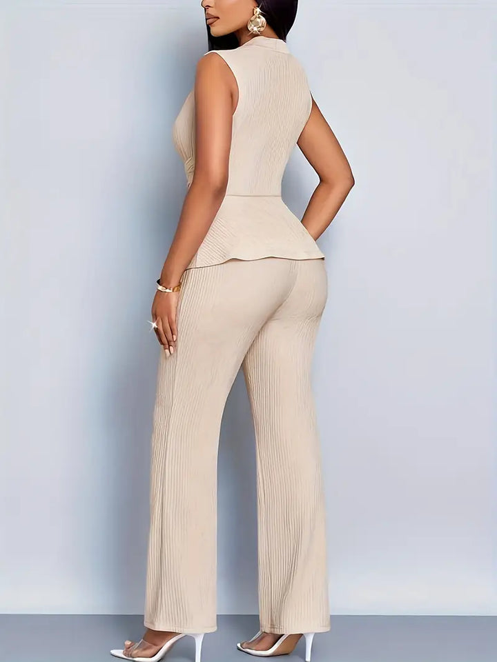 Clovaine | V-Neck Peplum Top &amp; Wide Leg Pants Set