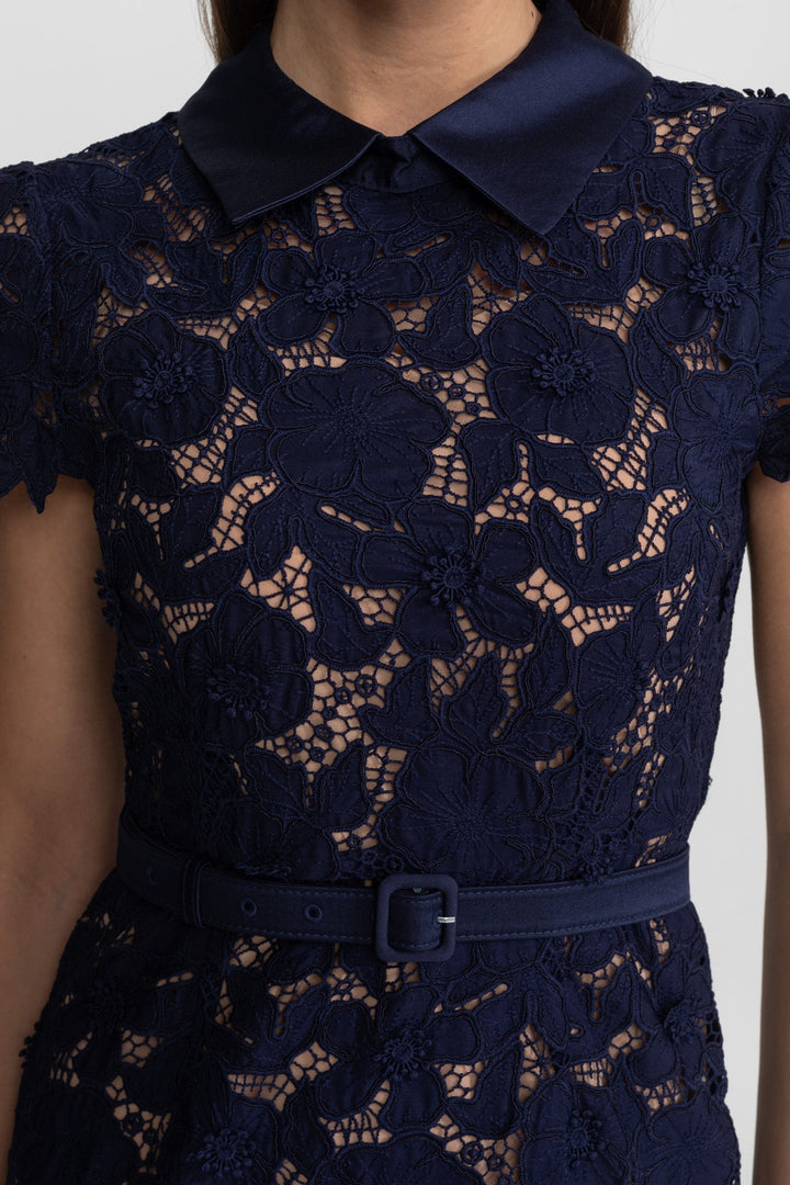 Edith | Collared Lace Belted Midi Dress