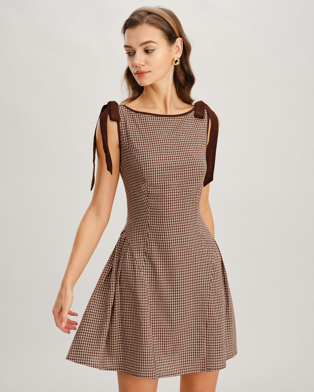 Reva | Brown Gingham Tie Strap Mini Dress